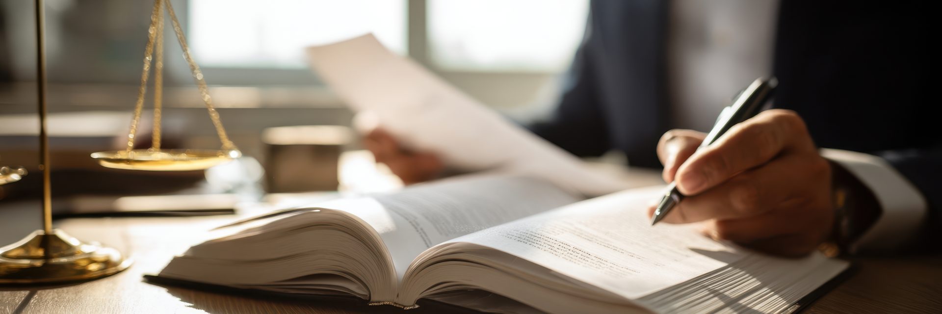 L'avocat examine des documents avec la balance de la justice en arrière-plan.