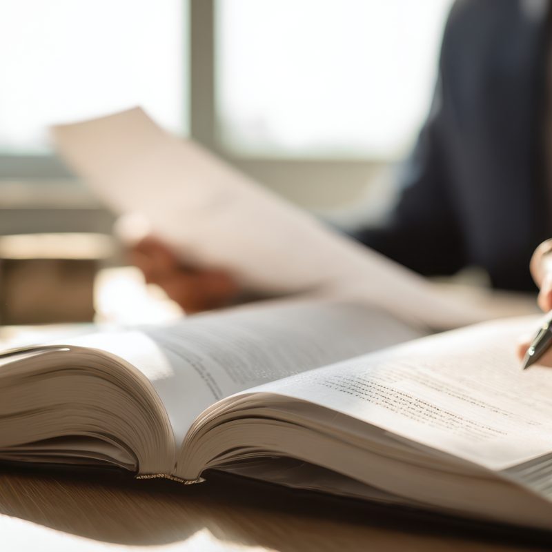 L'avocat examine des documents avec la balance de la justice en arrière-plan.