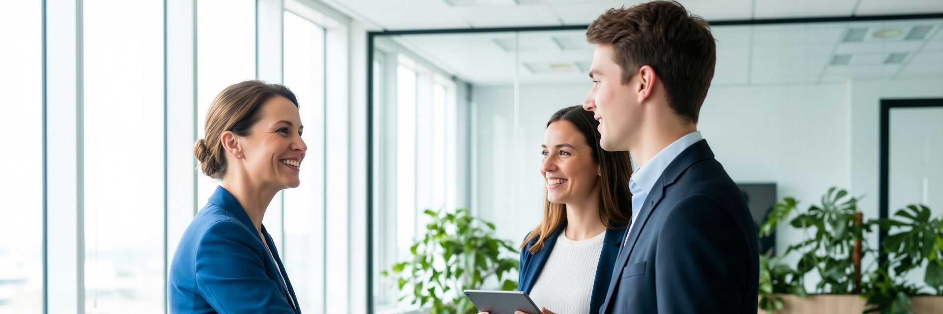 Des collègues d'affaires se serrent la main et sourient dans un bureau moderne