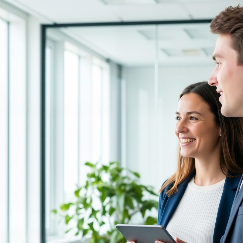 Des collègues d'affaires se serrent la main et sourient dans un bureau moderne