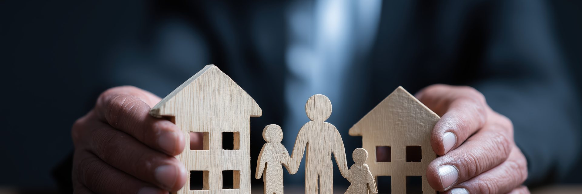 Mains protégeant une famille en bois avec des maisons symbolisant sécurité