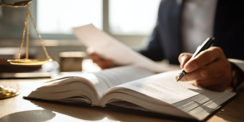 L'avocat examine des documents avec la balance de la justice en arrière-plan.
